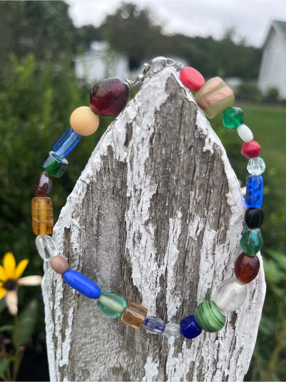 Hand Crafted Multicolor Glass Bead Bracelet - Blue Green Red Accents